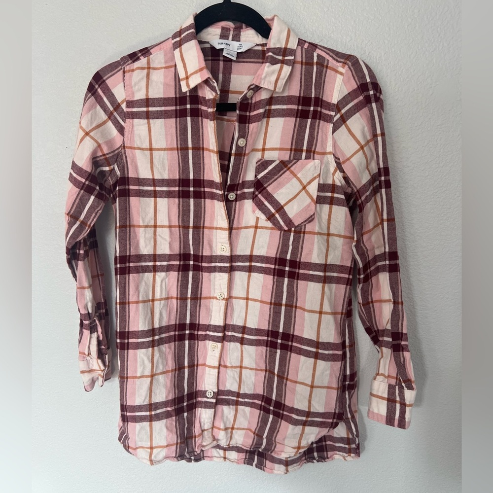 Old Navy Pink White Burgundy Plaid Flannel The Tunic Shirt Size X Small
